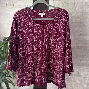 Style & Co Petite XL Burgundy Pink Floral Print Boho Bell Sleeve Top